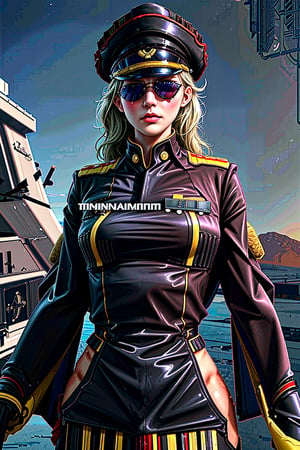 (dominoop:1.2), (sexy girl, blonde_hair,long hair,sun glasses, uniform, hat), portrait, epic realistic, 8k, best quality, real picture, intricate details, ultra-detailed, ultra highres, depth field,(photorealistic,realistic:1.2),masterpiece, , 1 girl, portrait of beautifull, solo, bare_arms, v-shaped_eyebrows, closed_mouth, serious, frown, sky, fighting_stance, volumetric lighting, best quality, masterpiece, intricate details , tonemapping, faded, (neutral colors:1.2), (hdr:1.4), (muted colors:1.2), hyperdetailed, (artstation:1.4), cinematic, warm lights, dramatic light, (intricate details:1.1), complex background , (rutkowski:0.66), fishnet,(teal and orange:0.4),Domino, (shiny oil skin:1.1), (dynamic pose:1.5), dynamic view,dynamic pose, warship, ocean, bow, sun, cloud_scape,Unique Masterpiece, perfect anatomy,imperial elder sister, (Military uniform: 1.8) , warlord coat,Canvas material,redcoat,cptMarvel