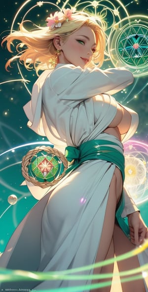 upper body,1girl , beautiful 28 yo , blonde hair, sweaty,short hair,straight hair,colorful and vibrant. high quality, long hair, ((white simple linen robe, sparks and surges, arcs of electricity, (((green aura flower of life as read geometry background))), ready to print, vibrant, Sci-fi, Leonardo Style, high_mountain, water_fall, glowing aura, (glow bubbles), (floating energy bubbles), energy spiral, fantastic atmosphere, )),,
 ,blurry backgrounds,
smile,close mouth,looking_at_viewer,(oil shiny skin:1.2), (big_boobs:1.2), willowy, chiseled, (hunky:1.4),(perfect anatomy, prefect hand,), 9 head body lenth, dynamic sexy pose, (artistic pose of awoman),(from_below:1.3)