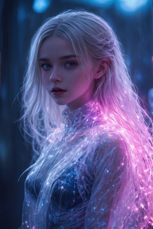 Blond girl, (((ghostly creature:1.5))), (((translucent:1.5))), Mschiffer's art, neon lights RBG, (light particles), bright white, colorful, RBG colors, strong backlit, bokeh,