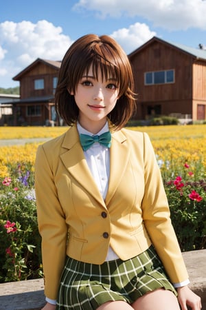 masterpiece, best quality, highres, aariko, short hair, brown eyes, school uniform, blue bowtie, blazer, yellow jacket, long sleeves, plaid skirt, green skirt, , field, wariza, sitting,aariko, (perfect hands, perfect anatomy), ( shiny oil skin:0.9), curved body, dynamic sexy pose, sexy body, (big breast:0.9), 9 head length body, (looking at viewer:1.5), cowboy_shot, from_below