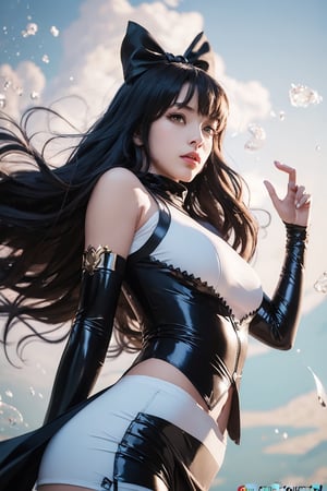 (masterpiece, best quality:1.2), , solo, 1girl, blake belladonna, expressionless, closed mouth, looking afar, 5fingers, good hands and fingers, official art, (8k), (solo), latex, science fiction, black hair bow, sleeveless shirt, detached sleeve, pantyhose, legwear under white shorts,blake belladonna,  (perfect hands, perfect anatomy), ( shiny oil skin:1.3),  curved body, long fingers, (floating hair:1.5), dynamic sexy pose, sexy body, (gigantic breast:0.6), 9 head length body, looking at viewer, (upper body:1.3), from below,