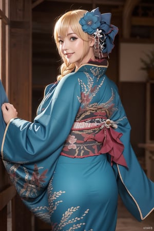 masterpiece, best quality, highres, bbpeco, ahoge, single braid, hair over shoulder, hair ornament, hair flower, blue flower, fur trim, japanese clothes, (blue kimono:1.5), print kimono, wide sleeves,smile, indoors, smile, (blond hair:1.5), (perfect hands, perfect anatomy), ( shiny oil skin:1.3), thin waist, curved body, dynamic sexy pose, sexy body, (gigantic breast:0.8), 9 head length body, looking at viewer, (cowboy shot:1.3), from_behind