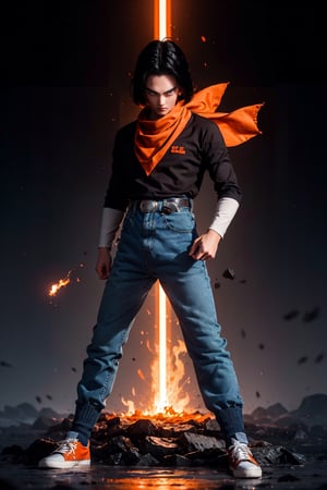android 17, 1 boy,blue eyes, black hair,parted hair,short hair, black shirt, jeans, layered shirt, white sleeves,orange bandana, blue sneakers, green socks, brown belt, red patch dynamic poses,(flare lens:1.0), fog:1.6, water drop,  looking at viewer, from eye level, (looking upward:0.5), (long shot:0.9), (from below:0.6), ,yofukashi background,r1ge