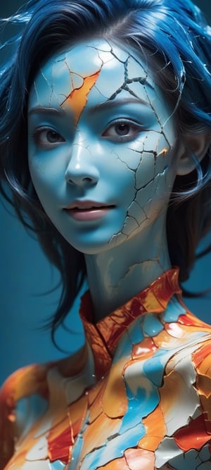 a close up of a person's face on a cracked surface, inspired by Alberto Seveso, featured on zbrush central, orange fire/blue ice duality!, portrait of an android, fractal human silhouette, red realistic 3 d render, blue and orange, subject made of cracked clay, woman, made of lava, smile,(oil shiny skin:1.0), (big_boobs:1.0), willowy, chiseled, (hunky:1.3),(( body rotation -90 degree)), (upper body:1.6),(perfect anatomy, prefecthand, dress, long fingers, 4 fingers, 1 thumb), 9 head body lenth, dynamic sexy pose, breast apart, (artistic pose of awoman),NIJI STYLE,more detail XL,photo r3al,xxmix_girl, fire element,glass shiny style,chrometech,surface imperfections,DonMFr0stP4nkXL,ice,draco_fantasy,snow,frost,1 girl,BrokenIR,mad-marbled-paper,minimalist hologram,LuminescentCL,glow,dripping paint,abstact