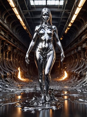 ral-chrome , female standing in molten metal, melting body ,ral-chrome, Cast iron factory background