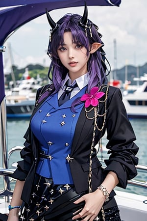 masterpiece, best quality,aahibis, long hair, purple hair, braid, pointy ears, horns, black necktie, purple shirt, black jacket, open clothes, pink flower, long sleeves, bracelet, black gloves, half gloves, black skirt, black pantyhose,boat import background,(perfect hands, perfect anatomy), ( shiny oil skin:0.9), curved body, dynamic sexy pose, sexy body, (gigantic breast:0.9), 9 head length body, looking at viewer, upper_body ,More Detail,from_below,aachiya,aahibis