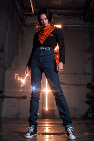 android 17, blue eyes, black hair,parted hair,short hair, black shirt, jeans, layered shirt, white sleeves,orange bandana, blue sneakers, green socks, brown belt, red patch dynamic poses,Hand holding lightning light wave,looking at viewer,(flare lens:1.2), from eye level, (looking upward:0.5), (long shot:0.9), (from below:1.2), ,r1ge,BJ_Gundam