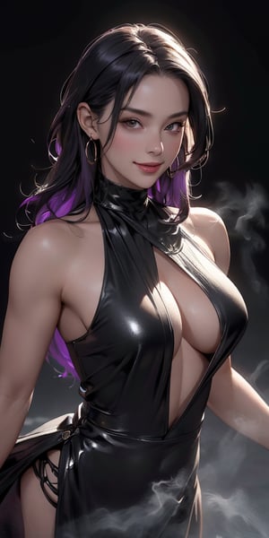 Upper body ,1girl ,beautiful 28 yo girl,dark purple hair,long hair,straight_hair,((Best quality, 8k, 32k, masterpiece,RAW photo, (realistic, photo-realistic:1.3),best quality,highly detailed,masterpiece,ultra-detailed)) a 1girl, standing, spell casting, , (gold headphone:1.0), black short hair, floating_hair, shaded face, black sundress, bare arms, ((black Fog comes out of my hands, Inky black magic mist effects, black magic aura)), gray background,, 
 ,blurry background,smile,,(oil shiny skin:1.2), ((big_boobs)),sunny,claiming,willowy, chiseled, (hunky:1.6),(perfect anatomy, prefect hand,), 9 head body lenth, dynamic sexy pose, (artistic pose of awoman),(upper body,from_pov:1.3),