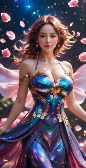 close up angle of (( floating on air)), ( rose petal) , detailed focus, deep bokeh, beautiful, dreamy colors, dark cosmic background. Visually delightful ,3D,more detail XL,dreamwave,More Detail,aesthetic,smile, (oil shiny skin:1.3), (big_boobs:3.2), willowy, chiseled, (hunky:3.5), body rotation -45 degree, (perfect anatomy, prefecthand, blue dress, long fingers, 4 fingers, 1 thumb), 9 head body lenth, dynamic sexy pose, breast apart, (cowbod shot:1.5), (artistic pose of awoman),