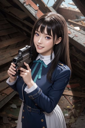 masterpiece, best quality, highres, aatakina, long hair, black hair, neck ribbon, collared shirt, lycoris uniform, two-tone dress, blue dress, grey dress, long sleeves, belt, , holding weapon,aim,(abandoned attic background :1.5),(gun:1.5), ruins, wall, (smile:1.2), (perfect hands, perfect anatomy), ( shiny oil skin:1.3), curved body, dynamic sexy pose, sexy body, (gigantic breast:0.8), 9 head length body, looking at viewer, upper body, (viewed_from_above:1.0), lace choker,aatakina, breasts