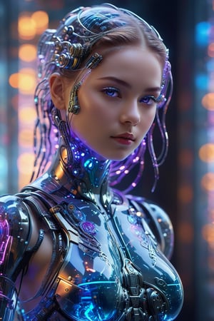 (best quality,4k,8k,highres,masterpiece:1.2),ultra-detailed,physically-based rendering,professional,vivid colors,bokeh,cyborg girl,made only glass,neon cables,gears,transparent body,mechanical details,glowing eyes,reflective surface,subtle reflections,ethereal,luminous,metallic highlights,sci-fi,futuristic,neon lights,blue and purple color palette,dynamic lighting,photo r3al,Glass Elements,ByteBlade,full_body,big breast,behind_position 
