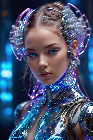 (best quality,4k,8k,highres,masterpiece:1.2),ultra-detailed,physically-based rendering,professional,vivid colors,bokeh,cyborg girl,made only glass,neon cables,gears,transparent body,mechanical details,glowing eyes,reflective surface,subtle reflections,ethereal,luminous,metallic highlights,sci-fi,futuristic,neon lights,blue and purple color palette,dynamic lighting,photo r3al,Glass Elements,ByteBlade