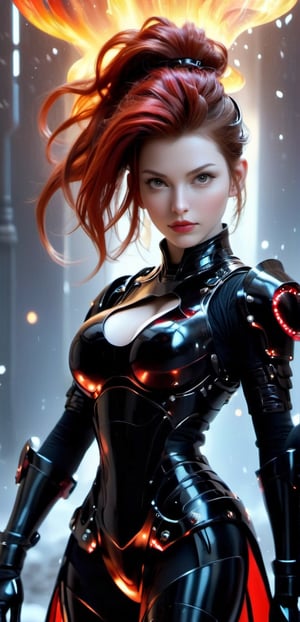 Beautiful russian woman, red ponytail hair, snow white pale skin, in a high tech black-red steel combat armor, dark black red armor, wet flowing hair, sweaty skin, zoom out full body, night, [[ highly detailed, ]], (depth of field), epic realistic, big boobs, stoic, professional fashion photoshoot, galaxy background, hyperrealistic, masterpiece, photorealistic., smile,hyper realstick, (oil shiny skin:1.0), (big_boobs:4), willowy, chiseled, (hunky:4.5),(( body rotation -10 degree)), (full body:1.0),(perfect anatomy, prefecthand, dress, long fingers, 4 fingers, 1 thumb), 9 head body lenth, dynamic sexy pose, breast apart, (artistic pose of awoman),chrometech,surface imperfections,glitter,shiny,xxmix_girl,DonMF43Dr4g0n ,fire element,composed of fire elements,DonMF1r3XL,circuitboard,abyssaltech ,DonMM4ch1n3W0rldXL 