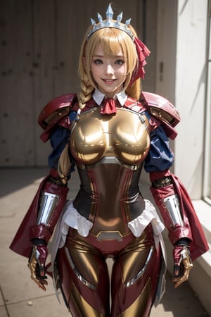 masterpiece, best quality, highres, aapeco, very long hair, ahoge, braid, tiara, hair ribbon, , ruins, standing, bodysuit, (iron man:1.2), serious, walking, ,aapeco,modelshoot style, smile, (blond hair:1.5), (perfect hands, perfect anatomy), ( shiny oil skin:1.3), thin waist, curved body, dynamic sexy pose, sexy body, (gigantic breast:1.0), 9 head length body, looking at viewer, (cowboy shot:1.3), (view_from_above:1.0),More Detail,mecha musume,hair ribbon, red ascot