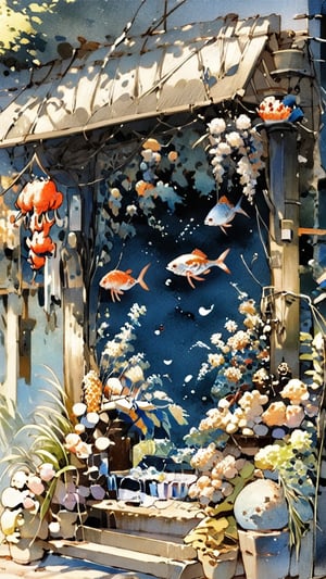 1 boy,solo,Asia boys,wonderful An child room full of water and a boy standing with a variety freshwater fishes,(freshwater area(crab,eel, shrimp, fish,)),(smile:1.2),shuicaixiaodian,watercolor \(medium\)