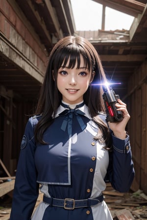 masterpiece, best quality, highres, aatakina, long hair, black hair, neck ribbon, collared shirt, lycoris uniform, two-tone dress, blue dress, grey dress, long sleeves, belt, , holding weapon,aim,(abandoned attic background :1.5),(long laser gun:1.5), ruins, wall, (smile:1.2), (perfect hands, perfect anatomy), ( shiny oil skin:1.3), curved body, dynamic sexy pose, sexy body, (gigantic breast:0.8), 9 head length body, looking at viewer, upper body,male_pov, lace choker,aatakina, breasts, two