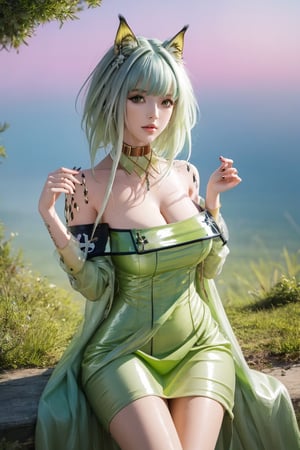 kaldef, green short dress, ultra quality, sharp focus, 8K UHD, highly detailed glossy eyes, ultra quality,  green eyes,  1girl,  masterpiece,  best quality,  hair blowing,  blue sky,  meadow,  sitting,  tree,  (gradient hair:1.5), hand on own hair, 5fingers, good hands and fingers, (perfect hands, perfect anatomy), ( shiny oil skin:1.2), curved body, long fingers, dynamic sexy pose, sexy body, (big breast:1.0), 9 head length body, (floating hair:1.2), looking at viewer, (cowboy shot:0.7), pov, ,More Detail