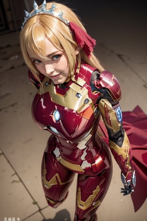 masterpiece, best quality, highres, aapeco, very long hair, ahoge, braid, tiara, hair ribbon, , ruins, standing, bodysuit, (iron man:1.5), serious, walking, ,aapeco,modelshoot style, smile, (blond hair:1.5), (perfect hands, perfect anatomy), ( shiny oil skin:1.3), thin waist, curved body, dynamic sexy pose, sexy body, (gigantic breast:1.0), 9 head length body, looking at viewer, (cowboy shot:1.3), (view_from_above:1.3),More Detail,mecha musume,hair ribbon