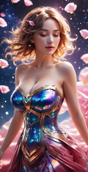 close up angle of (( floating on air)), ( rose petal) , detailed focus, deep bokeh, beautiful, dreamy colors, dark cosmic background. Visually delightful ,3D,more detail XL,dreamwave,More Detail,aesthetic,smile, (oil shiny skin:1.3), (big_boobs:3.2), willowy, chiseled, (hunky:3.5), body rotation 45 degree, (perfect anatomy, prefecthand, blue dress, long fingers, 4 fingers, 1 thumb), 9 head body lenth, dynamic sexy pose, breast apart, (cowbod shot:1.5), (artistic pose of awoman),