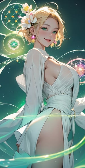 upper body,1girl , beautiful 28 yo , blonde hair, sweaty,short hair,straight hair,colorful and vibrant. high quality, long hair, ((white simple linen robe, sparks and surges, arcs of electricity, (((green aura flower of life as read geometry background))), ready to print, vibrant, Sci-fi, Leonardo Style, high_mountain, water_fall, glowing aura, (glow bubbles), (floating energy bubbles), energy spiral, fantastic atmosphere, )),,
 ,blurry backgrounds,
smile,close mouth,looking_at_viewer,(oil shiny skin:1.2), (big_boobs:1.2), willowy, chiseled, (hunky:1.4),(perfect anatomy, prefect hand,), 9 head body lenth, dynamic sexy pose, (artistic pose of awoman),(from_below:1.3)