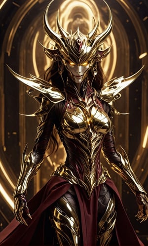 (((Full body portrait))), Futuristic alien woman goddess, Samurai-like mask, in polished chrome armor with glowing reptile-like eyes, gold and burgundy accents, unknown materials, realistic detailed digital painting, cinematic lighting, fantasy, smile,close mouth,looking_at_viewer,(oil shiny skin:1.2), (big_boobs:1.2), willowy, chiseled, (hunky:1.8),(perfect anatomy, prefect hand,), 9 head body lenth, dynamic sexy pose, (artistic pose of awoman),(from_above:1.2),, 4k resolution,futuristic alien,LuminescentCL,abyssaltech 