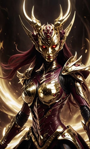 (((Full body portrait))), Futuristic alien woman goddess, Samurai-like mask, in polished chrome armor with glowing reptile-like eyes, gold and burgundy accents, unknown materials, realistic detailed digital painting, cinematic lighting, fantasy, smile,close mouth,looking_at_viewer,(oil shiny skin:1.2), (big_boobs:1.2), willowy, chiseled, (hunky:1.8),(perfect anatomy, prefect hand,), 9 head body lenth, dynamic sexy pose, (artistic pose of awoman),(from_above:1.2),, 4k resolution,futuristic alien,LuminescentCL,abyssaltech 