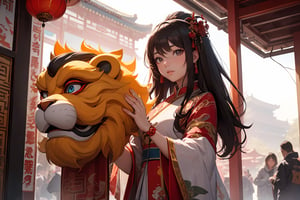 ((masterpiece, best quality, ultra detailed, absurdres, highres, high resolution)), wide range with distant view, Beijing, China, China style, lion dance girl, nice hands, perfect hands,
