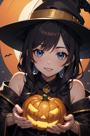 ((masterpiece, best quality, ultra-detailed, very fine 8KCG wallpapers)), 1girl with Halloween costume and wizard hat holding a halloween pumpkin, in the halloween night festival, adorable, happy, detailed background, High contrast, best illumination, an extremely delicate and beautiful, colourful paint splashes on transparent background, dulux, caustic, dynamic angle, beautiful detailed glow, nice hands, perfect hands,