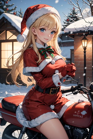 (absurdres, highres, ultra detailed, high resolution:1.1), 1girl, solo, kawaii, smile, medium breasts, blonde hair, long hair, blue eyes, santa, red beret, red bow ribbon, red gloves, red dress, red boots, santa girl costume, christmas, holy night, christmas decorations, christmas night, snow falling, snowy scene, ((santa girl riding a motorcycle to hand out christmas presents)), nice hands, perfect hands,