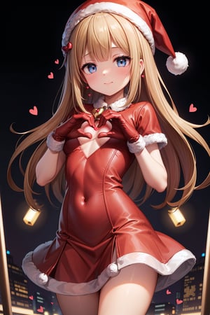 (absurdres, highres, ultra detailed, high resolution:1.1), 1girl, solo, kawaii, medium breasts, great joy, idol, blonde hair, long hair, blue eyes, santa, red beret, red bow ribbon, red gloves, red dress, red boots, santa girl costume, christmas, christmas decorations, (make a heart symbol with both hands in front of chest, heart pose, heart hands:1.5), (live music club), nice hands, perfect hands,