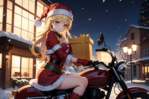 (absurdres, highres, ultra detailed, high resolution:1.1), 1girl, solo, kawaii, smile, medium breasts, blonde hair, long hair, blue eyes, santa, red beret, red bow ribbon, red gloves, red dress, red boots, santa girl costume, christmas, holy night, christmas decorations, christmas night, snow falling, snowy scene, ((santa girl riding a motorcycle to hand out christmas presents)), nice hands, perfect hands,
