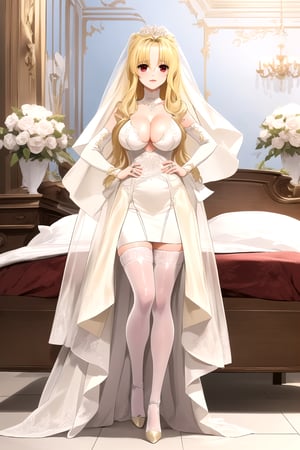 tachi-e , (full-body_portrait:1.5),Stand by the bed , the mature woman, she is a bride, (she wears a white wedding dress),(she wears a white veil on her head), (she wears the white bridal gauntlets) , (She wears the white stockings) , (she wears white high heels), long hair, red eyeshadow, long eyelashes, highly detailed, highres, (perfect face:1.3), (detailed face:1.3), (detailed eyes:1.3),(detailed mouth:1.3), (perfect hands:1.05), (perfect fingers:1.05), (big boobs:1.4), shy ,(red eyes:1.5),(blonde:2),(Fate Testarossa Harlaown:1.2)