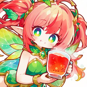 score_9, score_8_up, score_8, score_7_up, vibrant watercolor anime style. Close up of a gorgeous fairy with wild red hair. She smiles charmingly as she holds a steaming cup of coffee. A whimsical forest emerges out of a white background