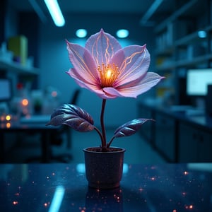 Within the confines of a high-tech laboratory, a flower unlike any other emerges from a bio-engineered pot. Its petals, sleek and reflective as if made from liquid metal, are interspersed with veins of light, reminiscent of the digital displays that fill the room, creating a visual symphony of organic form and technological brilliance.