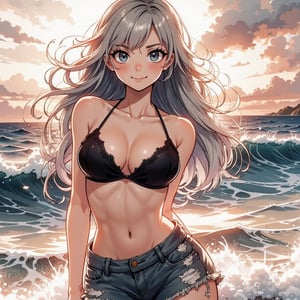 Standing confidently on a beach with the ocean waves crashing behind her, her silver hair blowing in the wind, she exudes strength and allure in her black bikini top, denim shorts, and flip-flops. The background showcases a sunset over the water, adding a dramatic touch to the watercolor anime-inspired scene.
