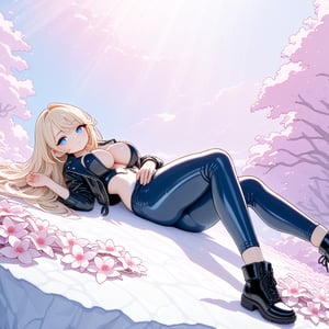 ( masterpiece, best quality, ultra-detailed, 8K, volumetric lighting, Anime Landscape ) BREAK
Confidently posing against a whimsical backdrop of pink-white flowers and subtle blue ink wash, platinum blonde locks cascading down her back, she exudes toughness and allure in her black leather jacket, tight-fitting blue jeans, and sleek ankle boots. Framed from the chest up, her striking features and bold fashion sense take center stage in a watercolor anime-inspired scene.