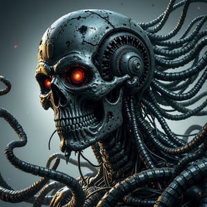 the nightmarish essence of Cthulhu melds with the cold precision of a Terminator: a colossal entity with a humanoid robotic structure, its metal limbs entwined with writhing, biomechanical tentacles. Its face, partially skeletal like a Terminator's, also features Cthulhu's signature cephalopod-like traits, with cybernetic eyes glowing amidst a cluster of mechanical tendrils, blending otherworldly horror with futuristic dread.,Anime Style