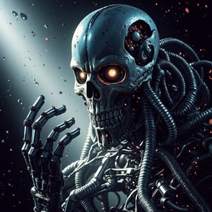 the nightmarish essence of Cthulhu melds with the cold precision of a Terminator: a colossal entity with a humanoid robotic structure, its metal limbs entwined with writhing, biomechanical tentacles. Its face, partially skeletal like a Terminator's, also features Cthulhu's signature cephalopod-like traits, with cybernetic eyes glowing amidst a cluster of mechanical tendrils, blending otherworldly horror with futuristic dread.,Anime Style