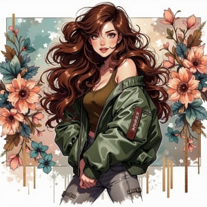 Confidently posing against a whimsical backdrop of peach and teal flowers and subtle bronze ink wash, her chestnut brown waves cascading down her back, she exudes toughness and allure in her green bomber jacket, gray leggings, and brown combat boots. Framed from the chest up, her striking features and bold fashion sense take center stage in a watercolor anime-inspired scene.