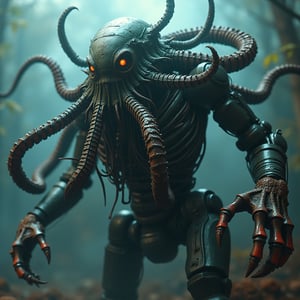 the nightmarish essence of Cthulhu melds with the cold precision of a Terminator: a colossal entity with a humanoid robotic structure, its metal limbs entwined with writhing, biomechanical tentacles. Its face, partially skeletal like a Terminator's, also features Cthulhu's signature cephalopod-like traits, with cybernetic eyes glowing amidst a cluster of mechanical tendrils, blending otherworldly horror with futuristic dread.