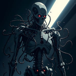 A figure emerges from shadow, half his face illuminated by a stark beam of white light,the nightmarish essence of Cthulhu melds with the cold precision of a Terminator: a colossal entity with a humanoid robotic structure, its metal limbs entwined with writhing, biomechanical tentacles. Its face, partially skeletal like a Terminator's, also features Cthulhu's signature cephalopod-like traits, with cybernetic eyes glowing amidst a cluster of mechanical tendrils,Anime Style