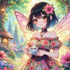 Vibrant watercolor anime scene of a gorgeous fairy with black hair in a bob cut, wearing a flower dress. She holds a steaming cup of coffee. She smiles charmingly. In the background a whimsical forest, illuminated by the morning sun.