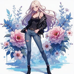 Confidently posing against a whimsical backdrop of pink-white flowers and subtle blue ink wash, platinum blonde locks cascading down her back, she exudes toughness and allure in her black leather jacket, tight-fitting blue jeans, and sleek ankle boots. Framed from the chest up, her striking features and bold fashion sense take center stage in a watercolor anime-inspired scene.