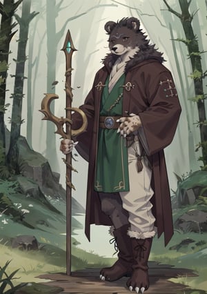 Masterpiece, High detailed,  More Detail, perfecteyes,  Fantasy world,  Dungeons & Dragons, (furry: 1.3), bear like druid, fantasy, more detail XL, basic forest background, masterpiece, perfect light, one character, solo, boots, full body, full body, better_scar, scarred, Tall, beefy, robe, Wooden Staff, Traveler's Clothes