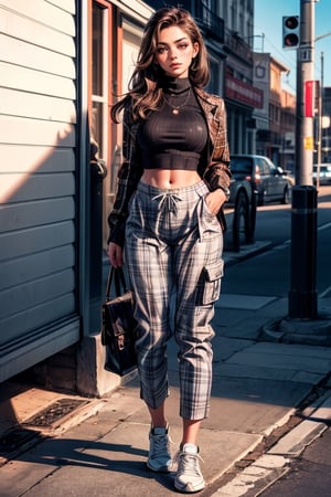 at city, (full body, standing),25 years old, big titty girl((((open long Lapel Blazer(bright brown and white Plaid Pattern), black turtleneck cropped sweater, loose fit lether pants(no pattern),black tiny bag, white sneakers),mideum breast)), brown long hair, Freckles, dark red eyes, pretty hands, suntanned and glistening skin, Suntanned skin, glistening skin, (best quality, ultra-detailed, 8K)