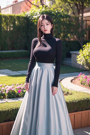 Masterpiece,  high_resolution, 
beautiful girl in her 20s, looking at the viewer, large breasts, 
flowy long skirt, turtle_neck, long_sleeves, 
garden, sunny,