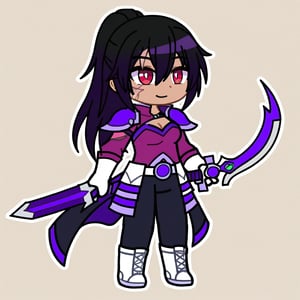 
1 girl,black skinned girl, smile, black hair, ponytail hair, medium breasts, red eyes, gloves, 1girl, holding, hair between eyes, closed mouth, weapon, female focus, black coat, overcoat, amethyst shoulder pads , shoulder pads with an eye shape, purple dragon eye shoulder pad, magenta shirt, cleavage, white boots with black details, black and white gloves, sword, holding weapon, armor, scar, traditional media, holding sword, black pants, scar on face, purple scar, scar with a crack shape, gacha style, full_body