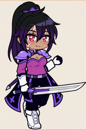 (masterpiece), best quality, expressive eyes, perfect face, score_9, big breasts, looking at viewer, smiling, blush, 1 girl,black skinned girl, smile, black hair, ponytail hair, medium breasts, red eyes, gloves, 1girl, holding, hair between eyes, closed mouth, weapon, female focus, black coat, overcoat, amethyst shoulder pads , shoulder pads with an eye shape, purple dragon eye shoulder pad, magenta shirt, cleavage, white boots with black details, black and white gloves, sword, holding weapon, armor, scar, traditional media, holding sword, black pants, scar on face, purple scar, scar with a crack shape, gacha style