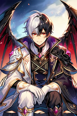 (masterpiece), best quality, expressive eyes, perfect face, score_9, 1 boy, black-skinned boy, smile, black hair, red eyes, gloves, hair between eyes, closed mouth, overcoat, amethyst shoulder pads, shoulder pads eye-shaped, purple dragon's eye shoulder pad, marsala shirt, white boots with black details, black and white gloves, scar, traditional media, black pants, scar on face, purple scar, crack-shaped scar,1 boy, black hair, messy hair, straight hair, red eyes, eyes with a deep scarlet hue, black skin, single scar that stretches down the side of his face, a glowing crack that pulses a luminous purple color, a shirt similar to armor, marsala in color, with black and purple details, armor material, although it appears metallic, has a strange fluidity, long overcoat, isekais anime, dark fantasy, black overcoat with purple details, white boots, adorned with details black, His white gloves, also with black details, shoulder pad, purple and black shoulder pad details