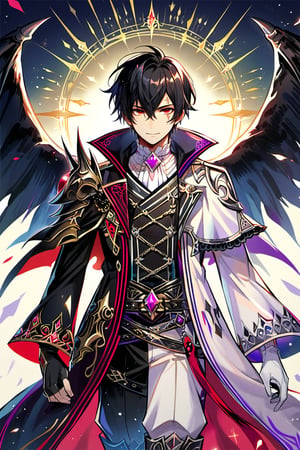 (masterpiece), best quality, expressive eyes, perfect face, score_9, 1 boy, black-skinned boy, smile, black hair, red eyes, gloves, hair between eyes, closed mouth, overcoat, amethyst shoulder pads, shoulder pads eye-shaped, purple dragon's eye shoulder pad, marsala shirt, white boots with black details, black and white gloves, scar, traditional media, black pants, scar on face, purple scar, crack-shaped scar,1 boy, black hair, messy hair, straight hair, red eyes, eyes with a deep scarlet hue, black skin, single scar that stretches down the side of his face, a glowing crack that pulses a luminous purple color, a shirt similar to armor, marsala in color, with black and purple details, armor material, although it appears metallic, has a strange fluidity, long overcoat, isekais anime, dark fantasy, black overcoat with purple details, white boots, adorned with details black, His white gloves, also with black details, shoulder pad, purple and black shoulder pad details